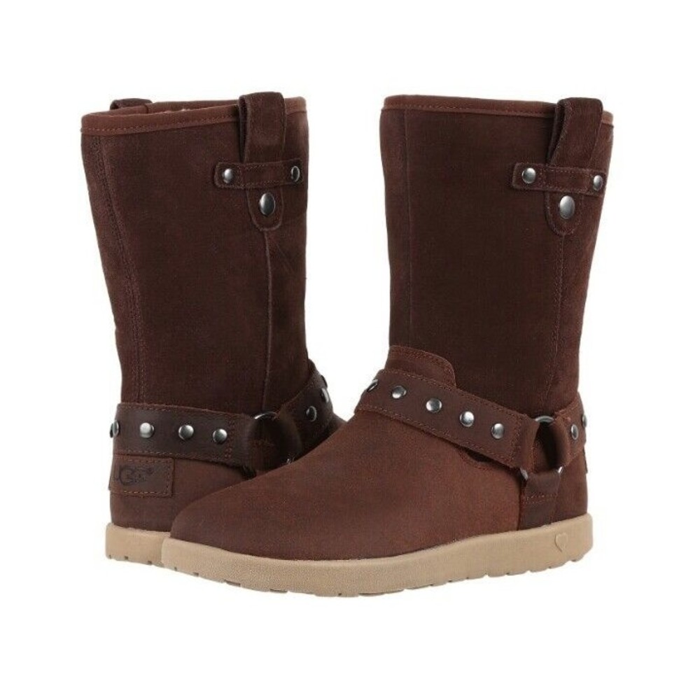 New UGG Moto Big girls fur Lined suede leather boots 4 brown  Eu 34